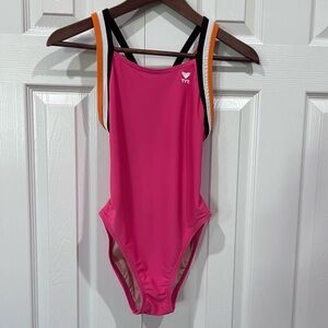 TYR Solid Pink with Stripe Detail One-Piece Sport Swimsuit Size 34